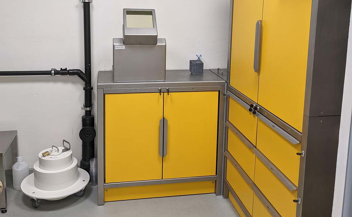 lead-lined-cabinets-hotlab-setup-nuclear-medicine-radiopharmaceuticals Yellow Nuclear Shields lead-lined cabinets setup for a nuclear medicine hotlab to produce radiopharmaceuticals.