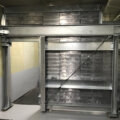 radiation shielding wall with lead blocks, steel construction and door frame
